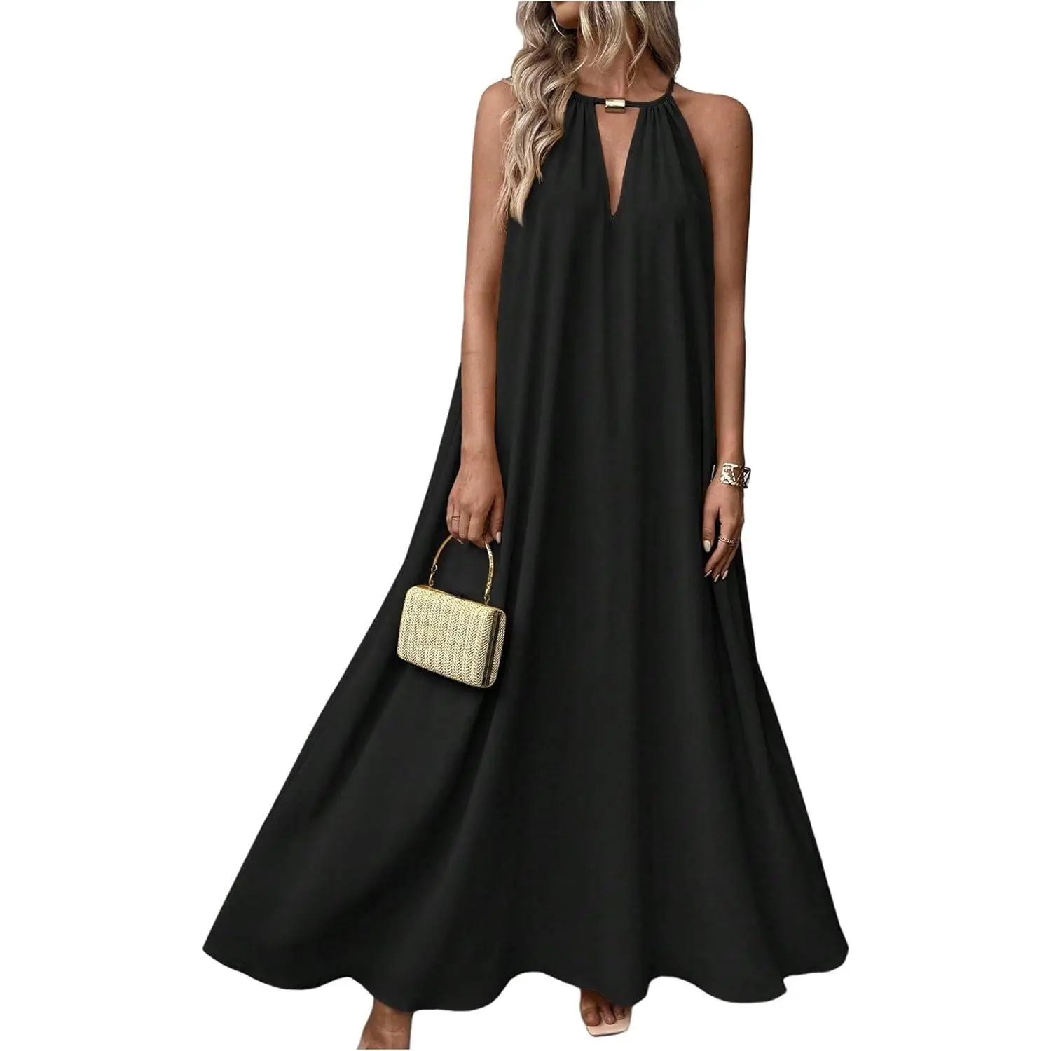 BEAUDRM Women's Sleeveless Halter Flowy Fabric Maxi Dress - Everyday Casual Vacation Beach Resort Cruise Wedding Guest Outfit