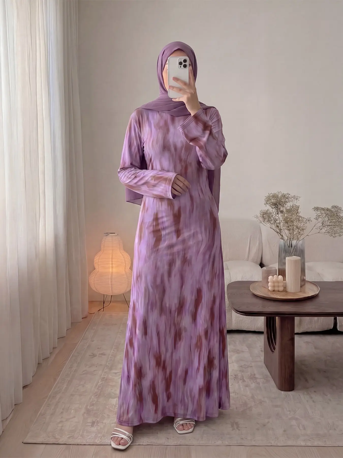 Printed Long Sleeve Muslim Dress, Modest Islamic Clothing, Back Tie Full Print Loose Fit Daily Abaya, High Elastic Modal Fabric, No Headscarf Included