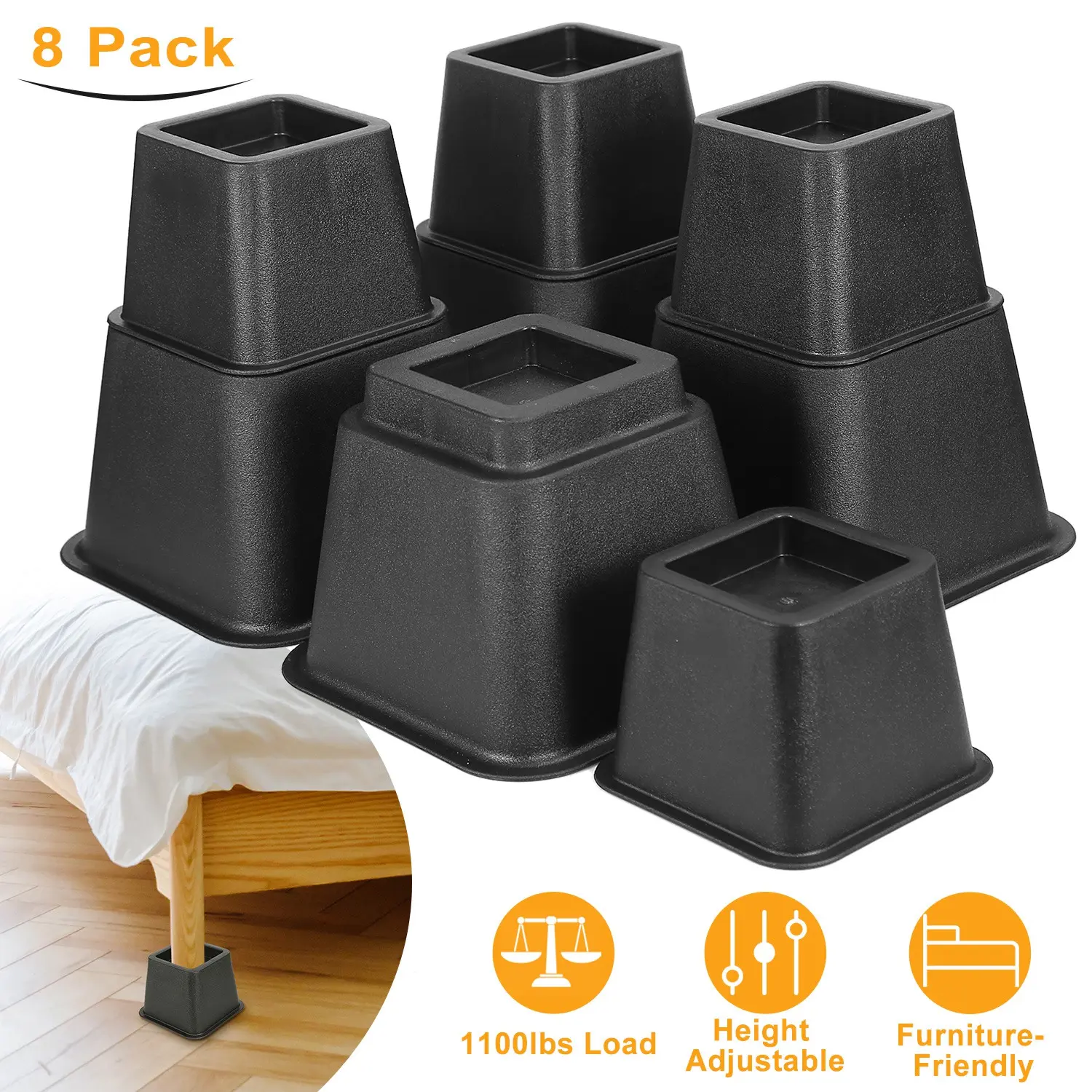 8-Pack Furniture Risers, 1100 lbs Heavy Duty Bed Risers for Bed, Sofa, Couch, Table & Chair, Adjustable Furniture Lift Blocks