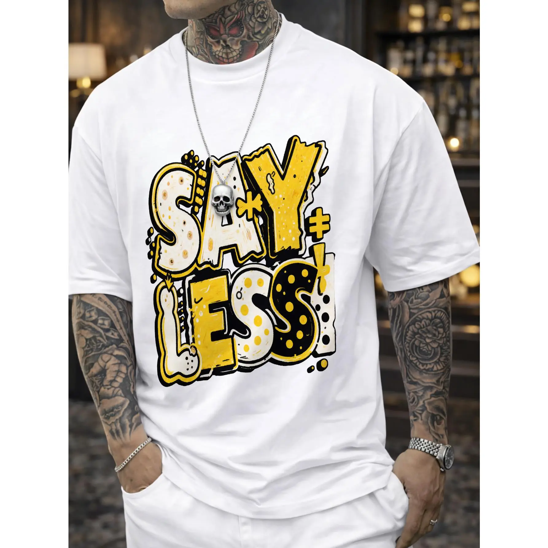 Men's 'SAY LESS' Graphic T-Shirt - Oversized Relaxed Fit Round Neck Casual Shirt with 'SAY LESS' Print, Machine Washable Suitable for Casual Attire, Year-Round Wardrobe Essential (No Transparency Design)