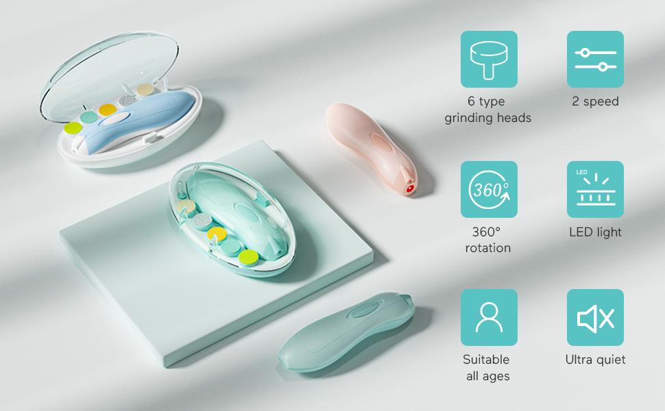 Baby Nail Trimmer Electric,Safe Baby Nail File, Baby Nail Clippers with Light and 6 Grinding Pads for Newborn Infant Toddler or Adults Toes and Fingernails, Kids Nail Care, Polish and Trim