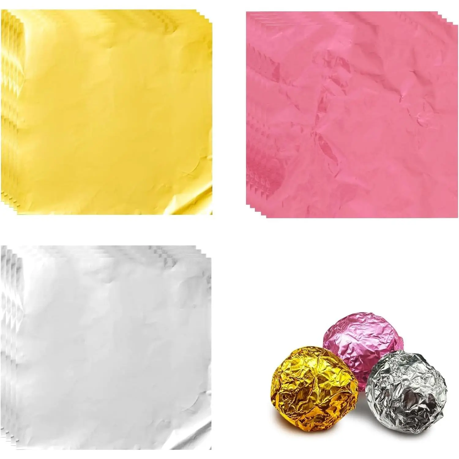 300 Pieces 7.8” Square Foil Candy Wrappers, Chocolate Foil Wrappers for Food DIY Candies Wrapping Packing Gifts (Gold, Silver, Pink)