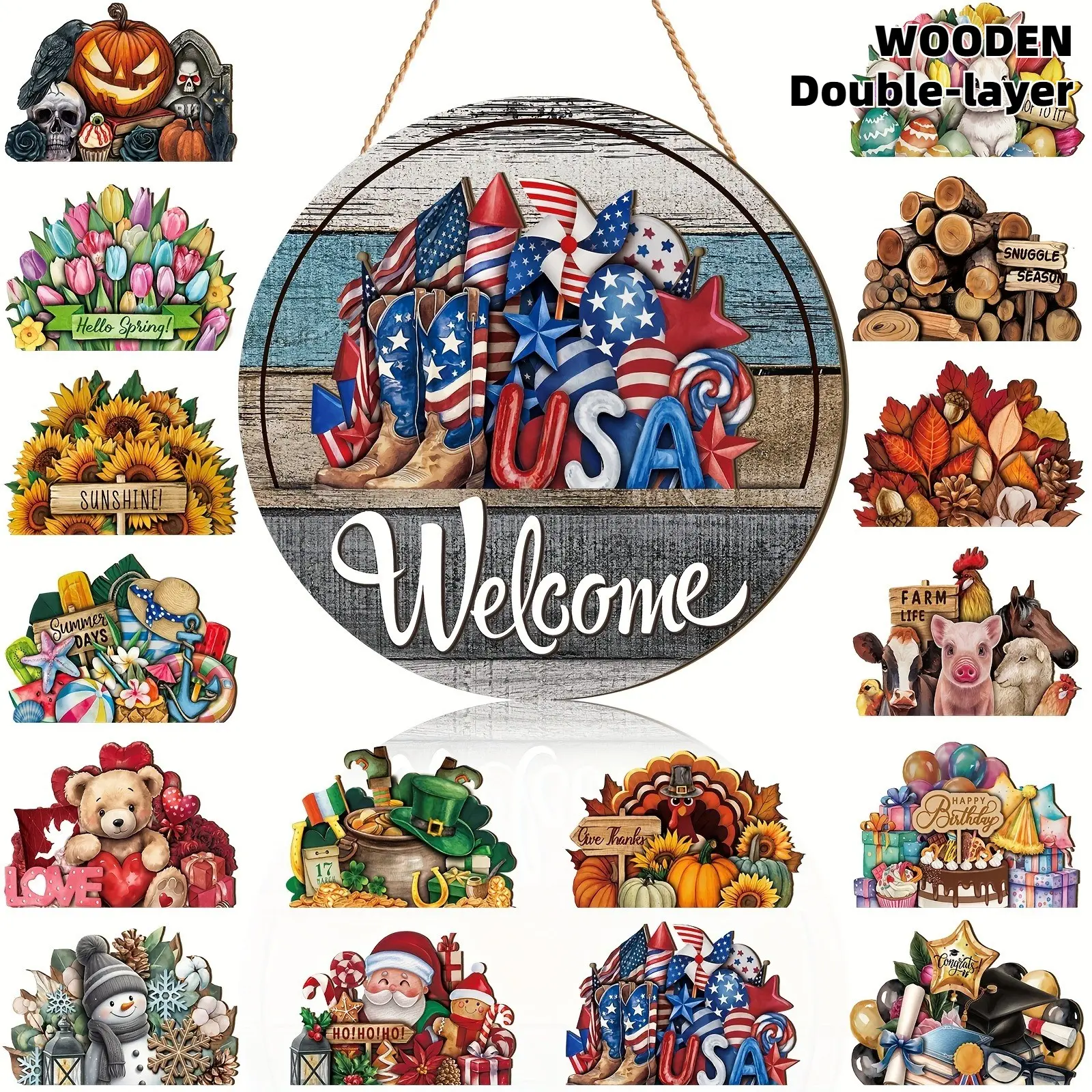 Interchangeable Magnetic Welcome Sign Set, Rustic Charm - Wooden Seasonal Door Decor for All Holidays - Christmas, Halloween - Easy Hang Front Porch Decor with Magnetic Backing Board - Farmhouse Home Decorations & Housewarming Gift, Holiday Party Decor