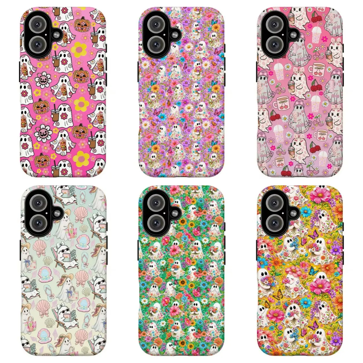 FL-Cute Coquette Floral Ghost Phone Case, Pastel Ditsy Flower Little Ghost Cartoon Pattern Slim Protective Cover For iPhone 11 12 13 14 15 16 17 Air Pro Max for Samsung S26 S25 S24 S23 S22 S21 Case,Gift for her/him,Perfect Holiday Gift