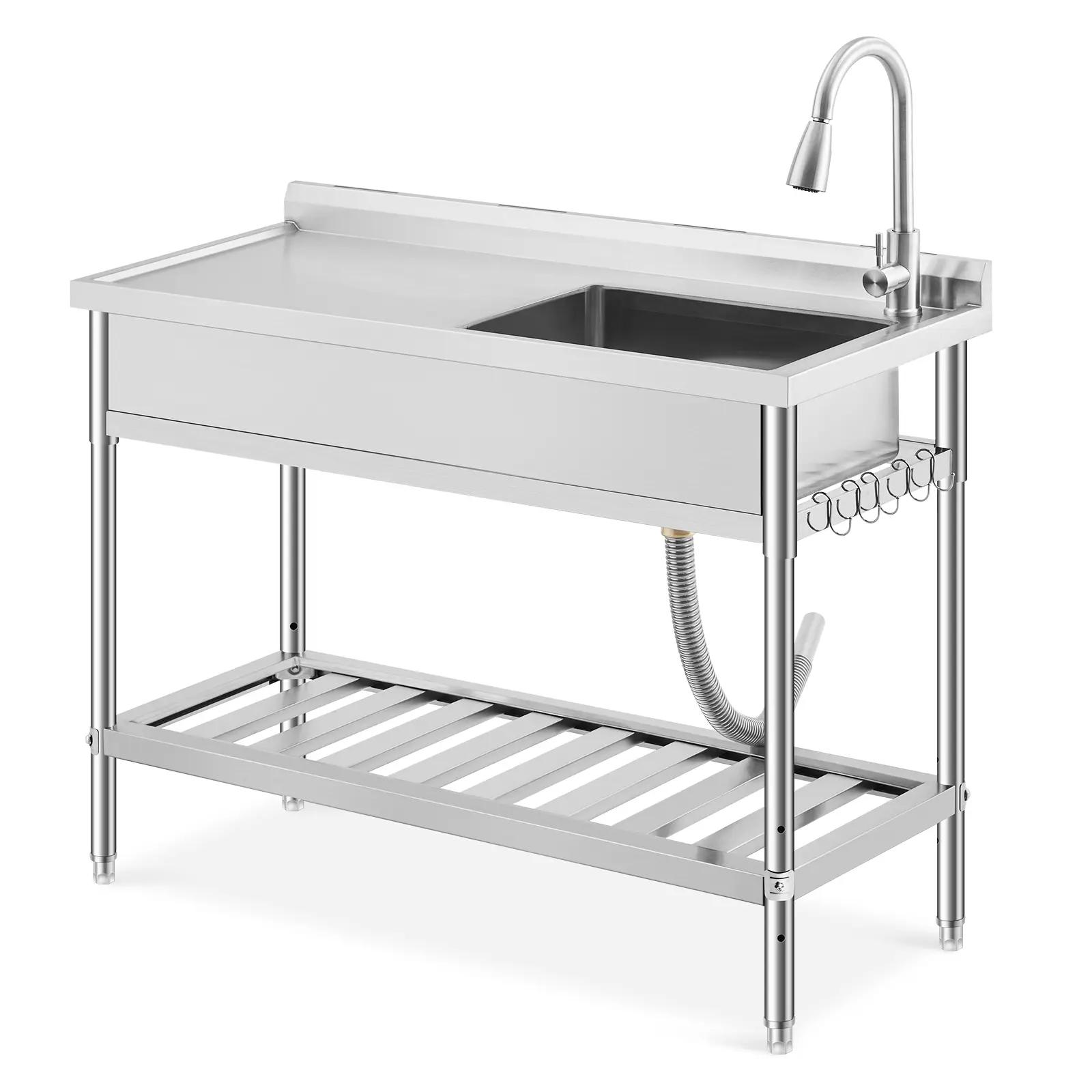 Stainless Utility Sink with Drainboard & Storage Shelf, Swivel Hot/Cold Faucet, Leveling Legs, Rustproof Freestanding Garage Unit