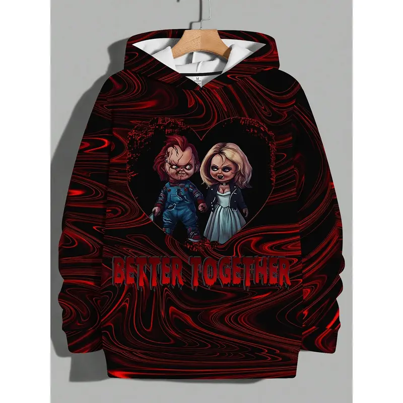 Male Elastic Polyester Pullover Hoodie Garment - 3D Digital Horror Print Top, Drawstring, Kangaroo Pocket, Ribbed Hem, Durable Fabric, Autumn-Winter Casual Graphic Streetwear Halloween Outfit
