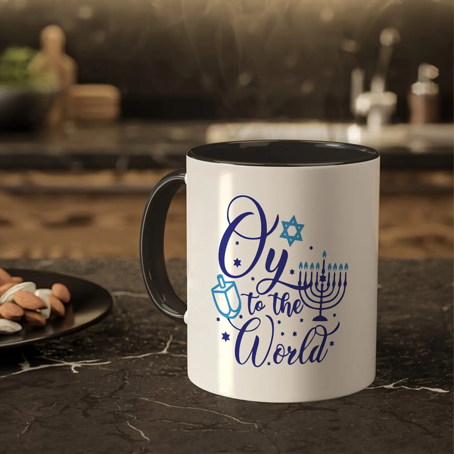 Hanukkah ceramic coffee mug 11 oz with candle holder and stars, suitable for hot and cold beverages, hand wash only, perfect gift for Christmas and Thanksgiving