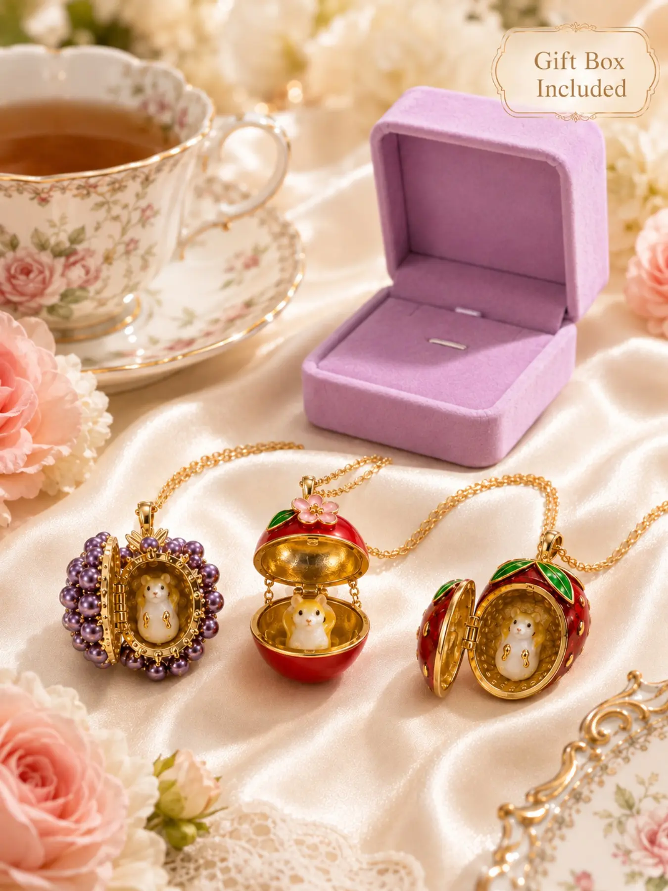 Gift Box Included | 3 Style Options Kawaii Hamster Locket Necklace for Women, Openable Strawberry and Fruit Charm Pendant, Cute Novelty Jewelry for Back to School, Wedding Guest, Bridesmaid, Birthday and Holiday Gift for Her