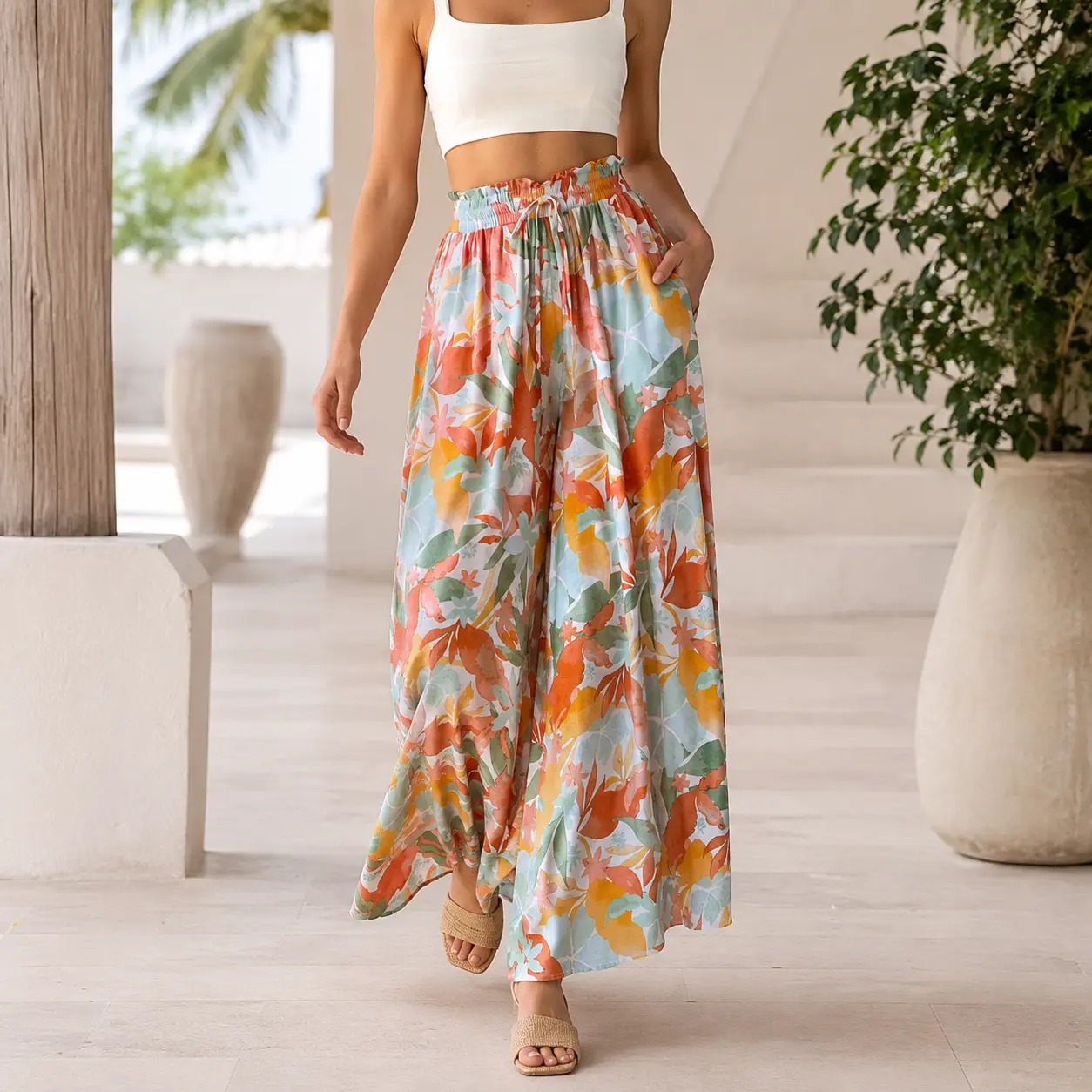 Women's High-Waist Wide-Leg Palazzo Trousers - Elastic Drawcord, Pocketed Pants, Loose Flowy Cut Bottom - Basic Minimalist Women's Bottoms for Summer Vacation, Everyday Wear