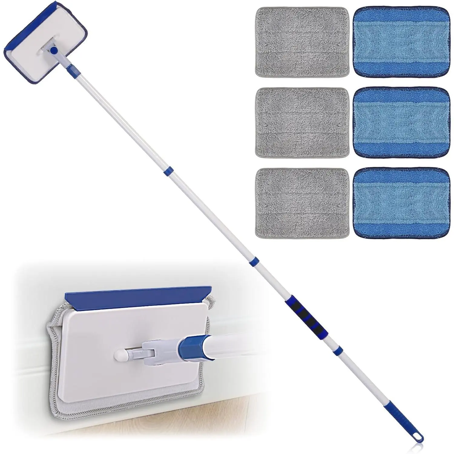 Contoured Multi-Surface Baseboard Cleaner Tool with 60" Extendable Handle, Long Reach Mop for Indoor Wall Floor Clean, Skirting Board, Ceiling Cleaning (6 Synthetic Pads Included, Wet/Dry Use for Tub Tile)