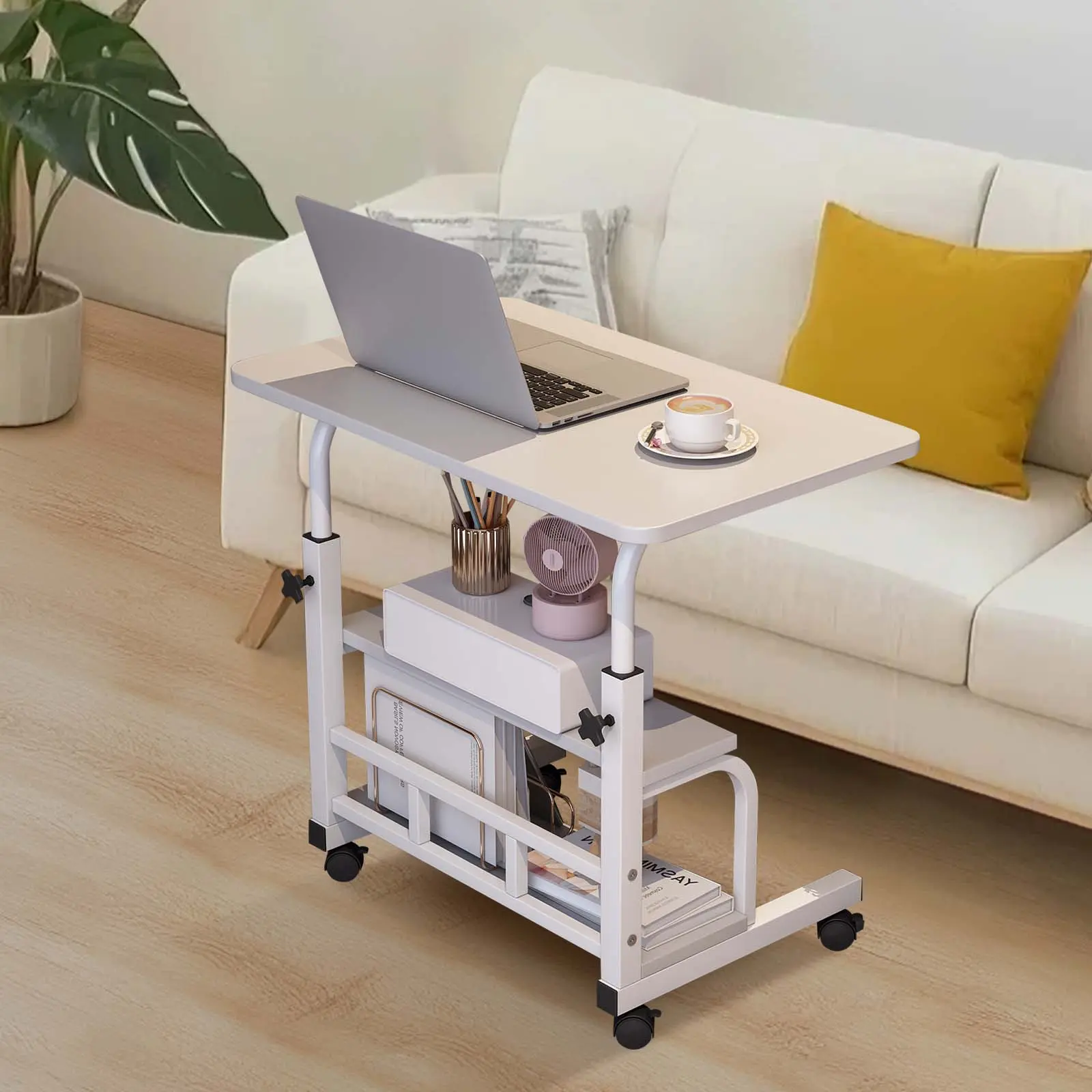 Height Adjustable Ergonomic Rolling Laptop Desk, Mobile Overbed Table with Storage Shelves, Space Saving Workstation for Bed Sofa Small Room, White/Walnut Multiple Sizes Optional