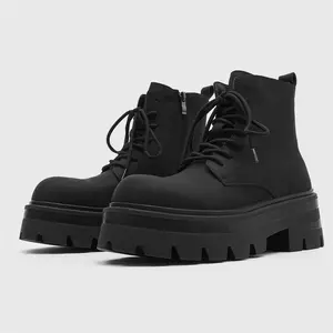 Trendy Side Zip Round Toe Moto Boots, Men Winter Thick Sole Fleece Lined Daily Wear High Top Work Footwear7431-H