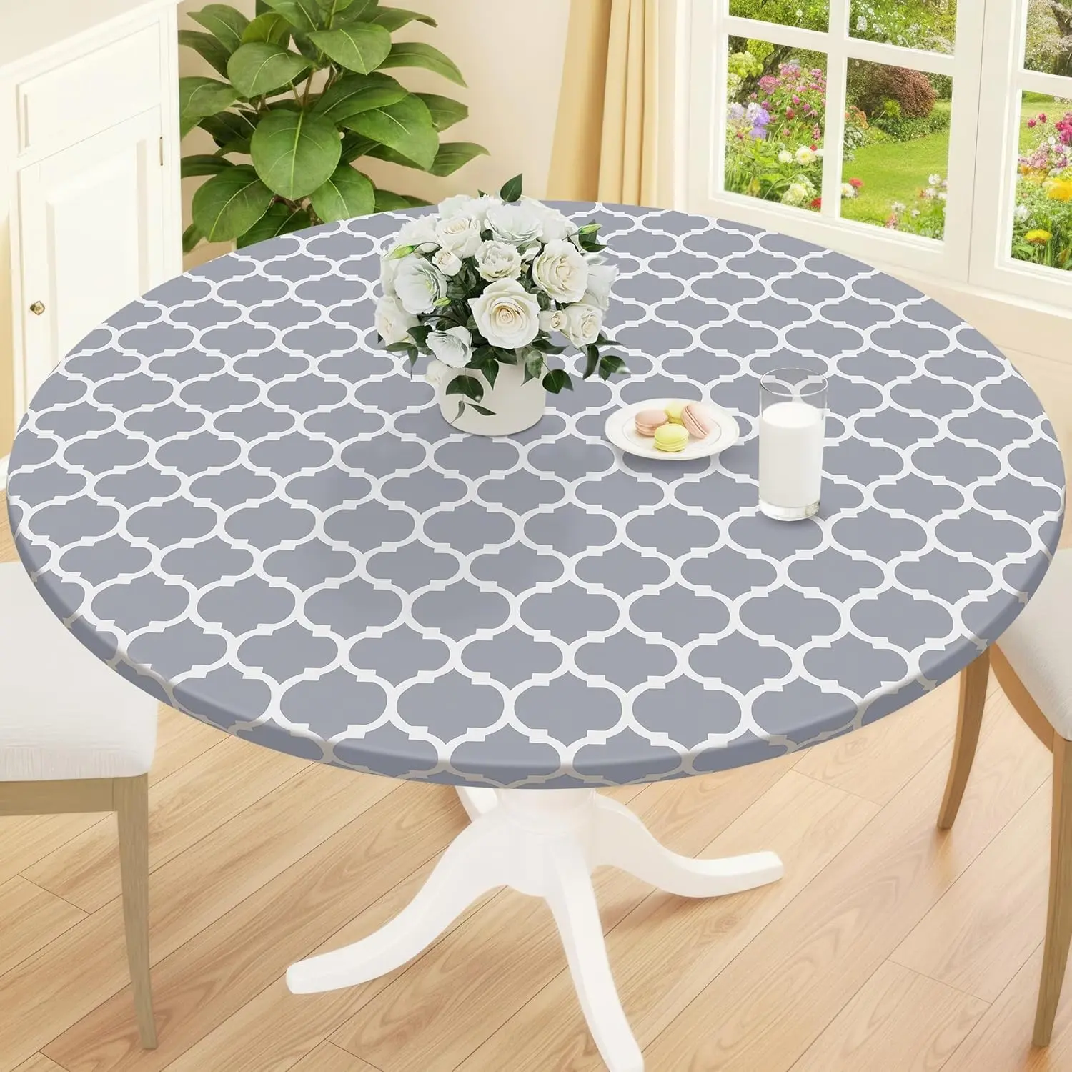 Round Picnic Tablecloth, Waterproof Elastic Fitted Table Covers for 45" - 56" Tables, Wipeable Flannel Backed Vinyl Tablecloths for Camping, Indoor, Outdoor, Grey & White