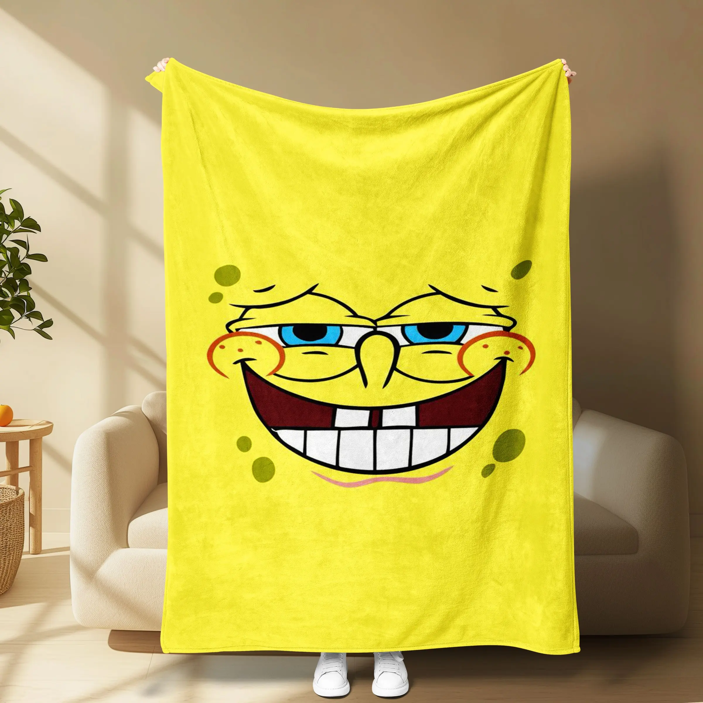 Sly Grin SpongeBob Face Flannel Throw Blanket, Bright Yellow SpongeBob Smug Face Graphic Blanket, Cute Cartoon Soft Sofa Bed Blanket Gift