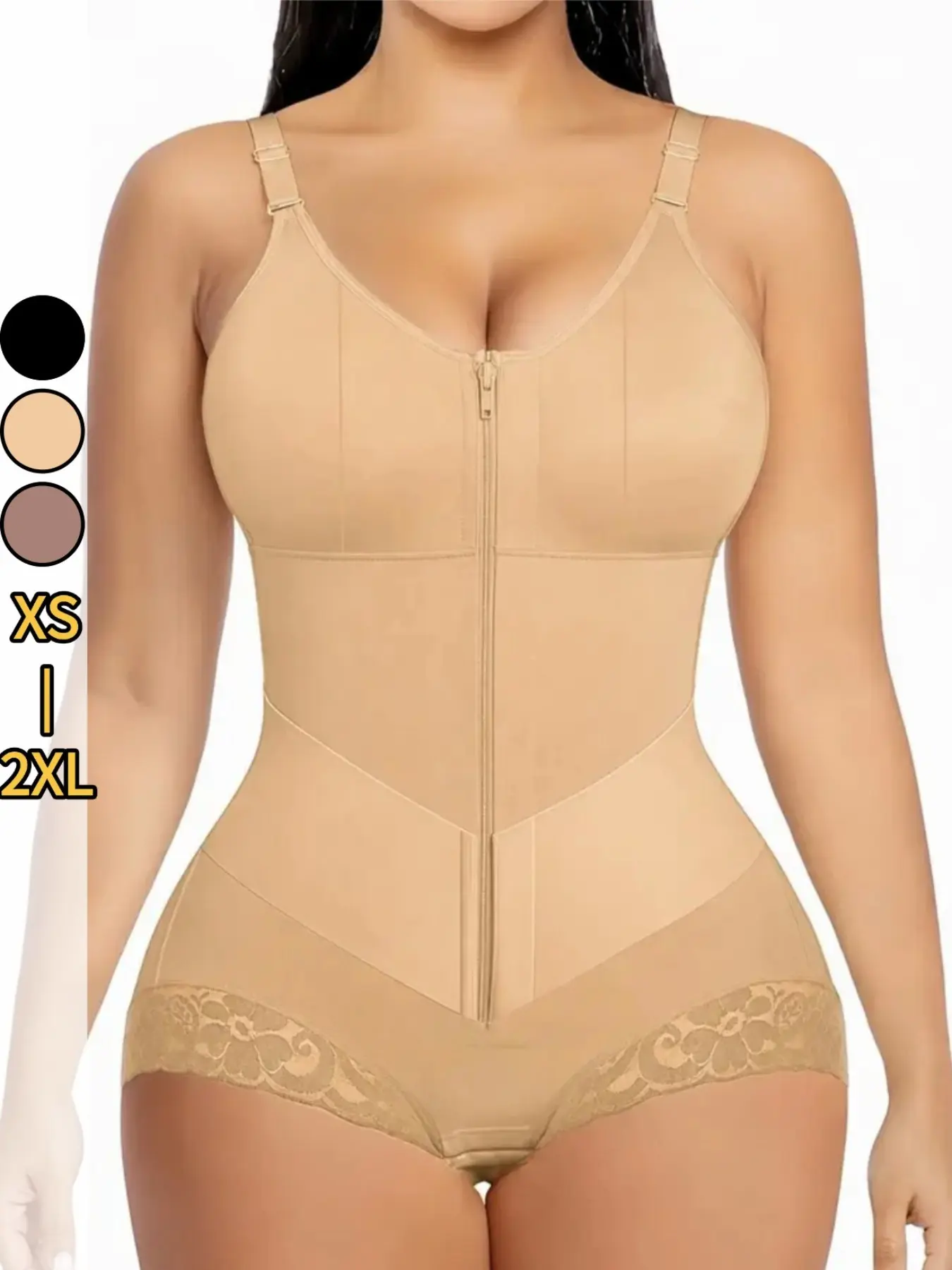 Women's Underwear Solid Color Colombian Shapewear, Lace Trim Anti-Slip Jumpsuit, Front Zipper V-Shaper, Breathable Compression Bodysuit, Daily Comfort