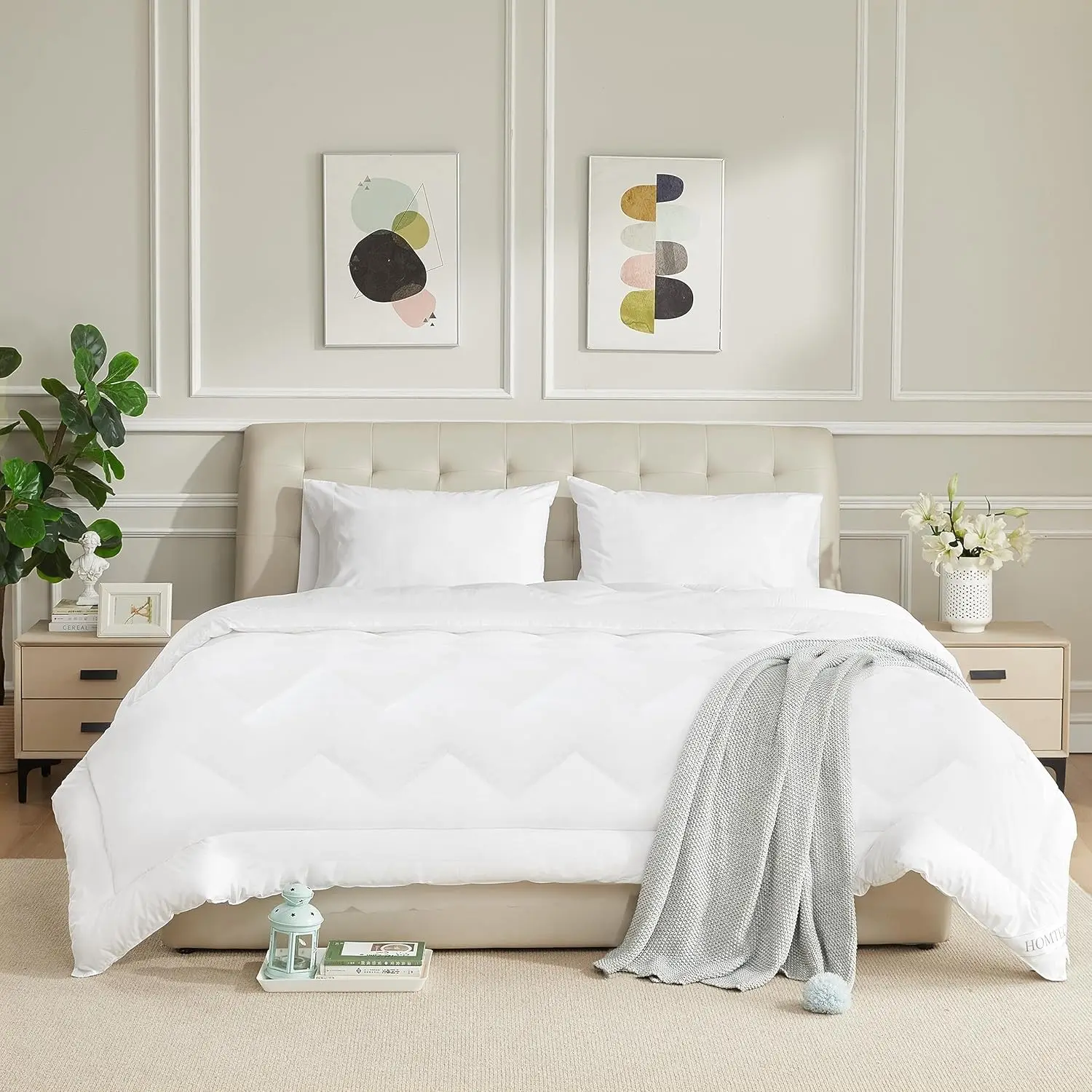 Duvet Insert Cotton Comforter Queen Size White Down Alternative 100% Cotton Shell Quilted Fluffy Comforter Lightweight All Season 4 Corner Tabs Durable Breathable Noiseless