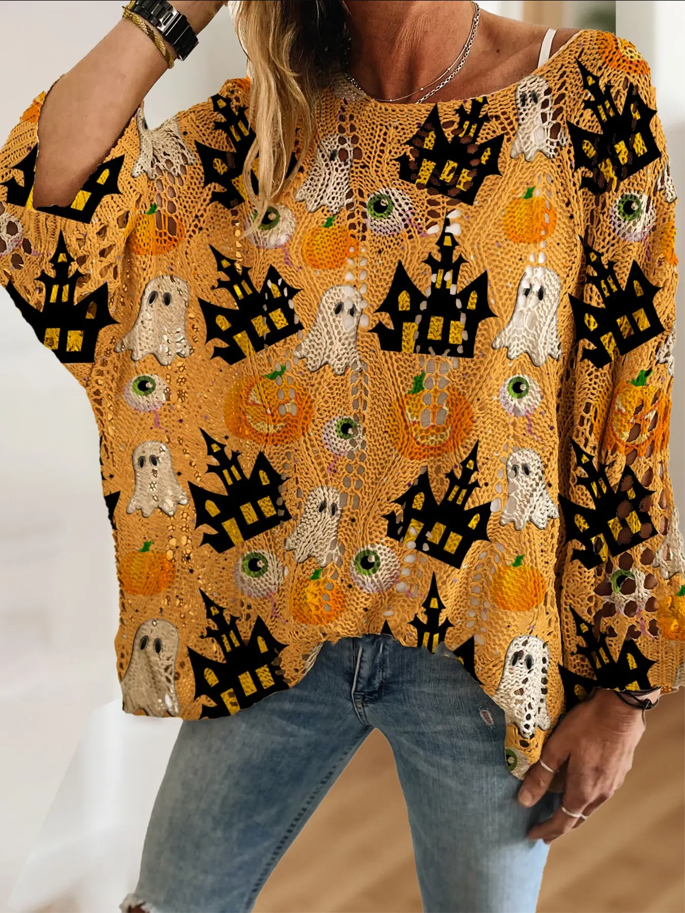 Women's Halloween Pumpkin Ghost Print Long Sleeve Knit Top, Casual Elegant Vacation Style Sweater, Comfortable Breathable Loose Fit