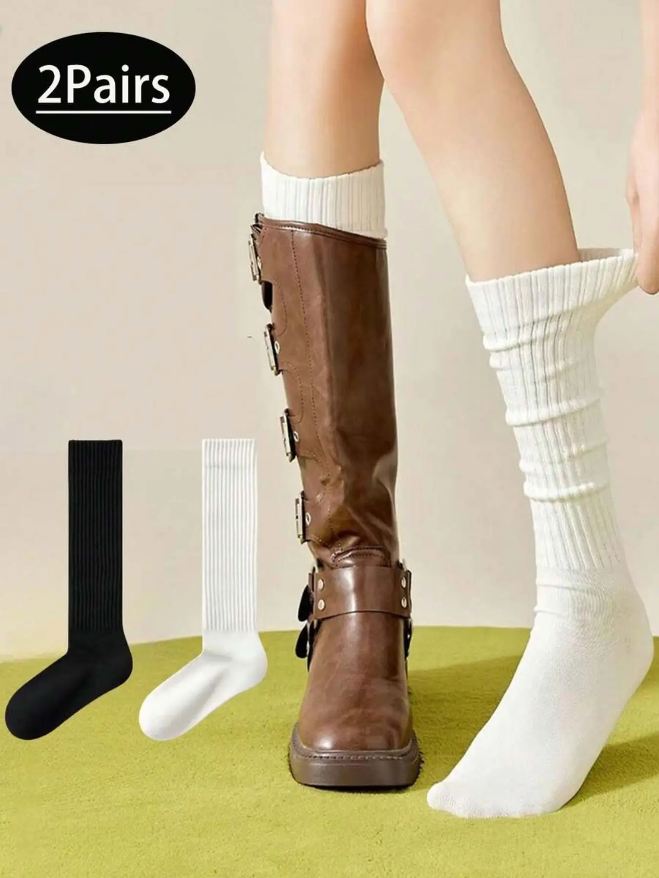1/2 Double Pack Women's Black and White Simple Elegant Slimming Thigh Socks, Warm Long Socks, Suitable for Daily Wear with Leather Shoes, Perfect for Holiday Gifts, Christmas Presents