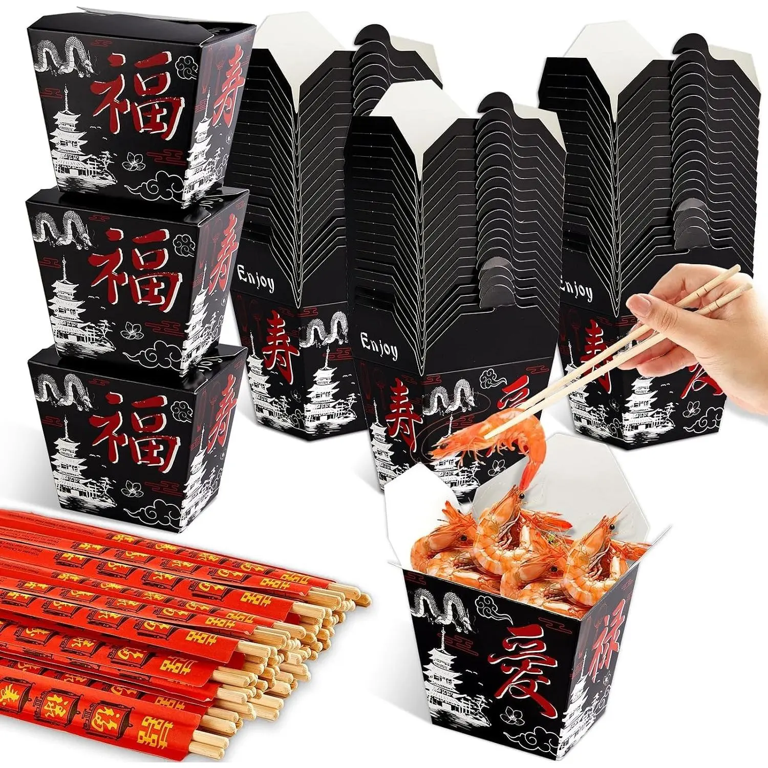 25 Sets Black Chinese Take Out Food Boxes with Chopsticks, Disposable Takeaway Containers for Restaurant Party Food Packaging