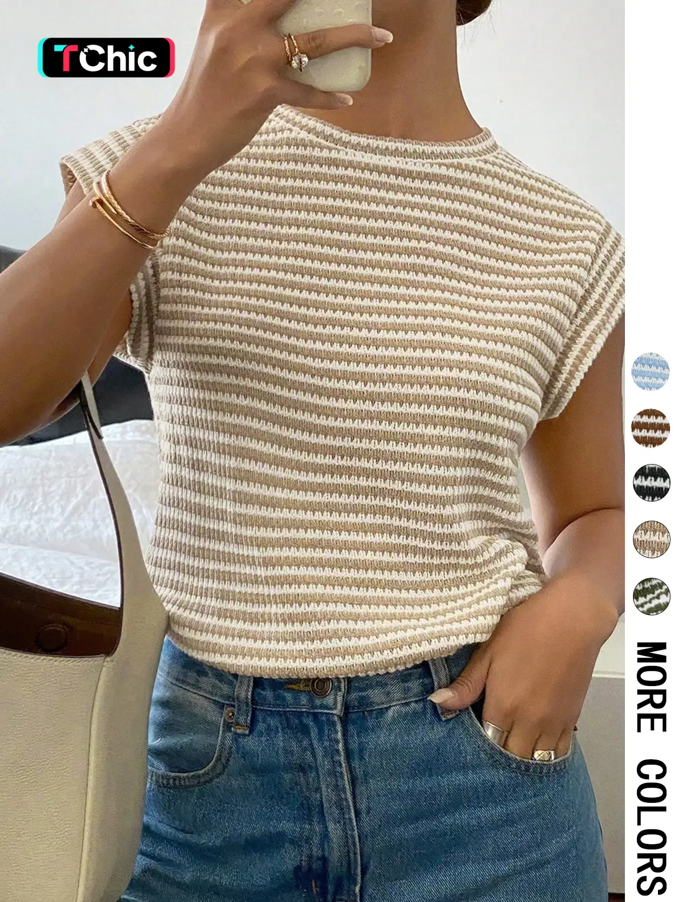 Women's Striped Print Crew Neck Tee, Casual Slim-fitting Cap Sleeve Round Neck T-shirt, Ladies Summer Clothes for Daily Wear, Top