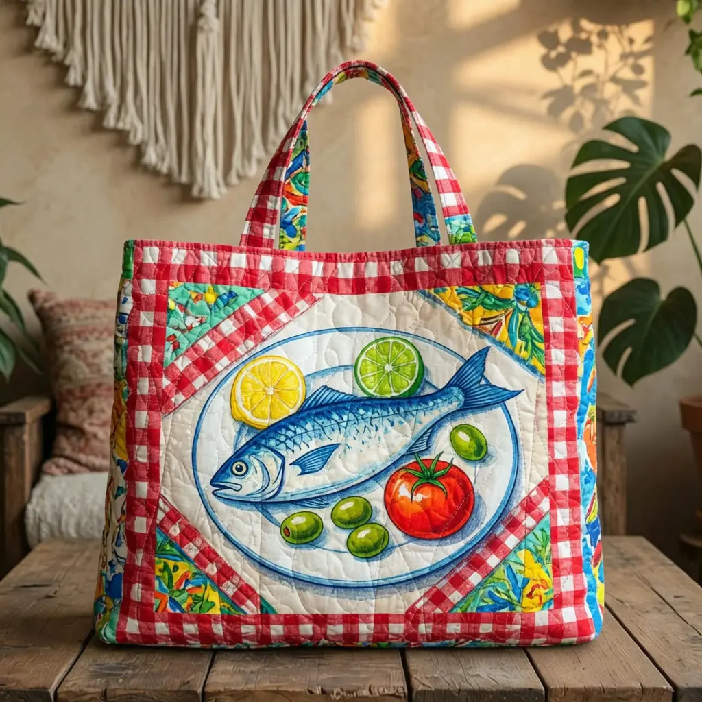 Quilted tote bag with a fish print—cute, spacious, and lightweight; suitable for vacations or everyday use.