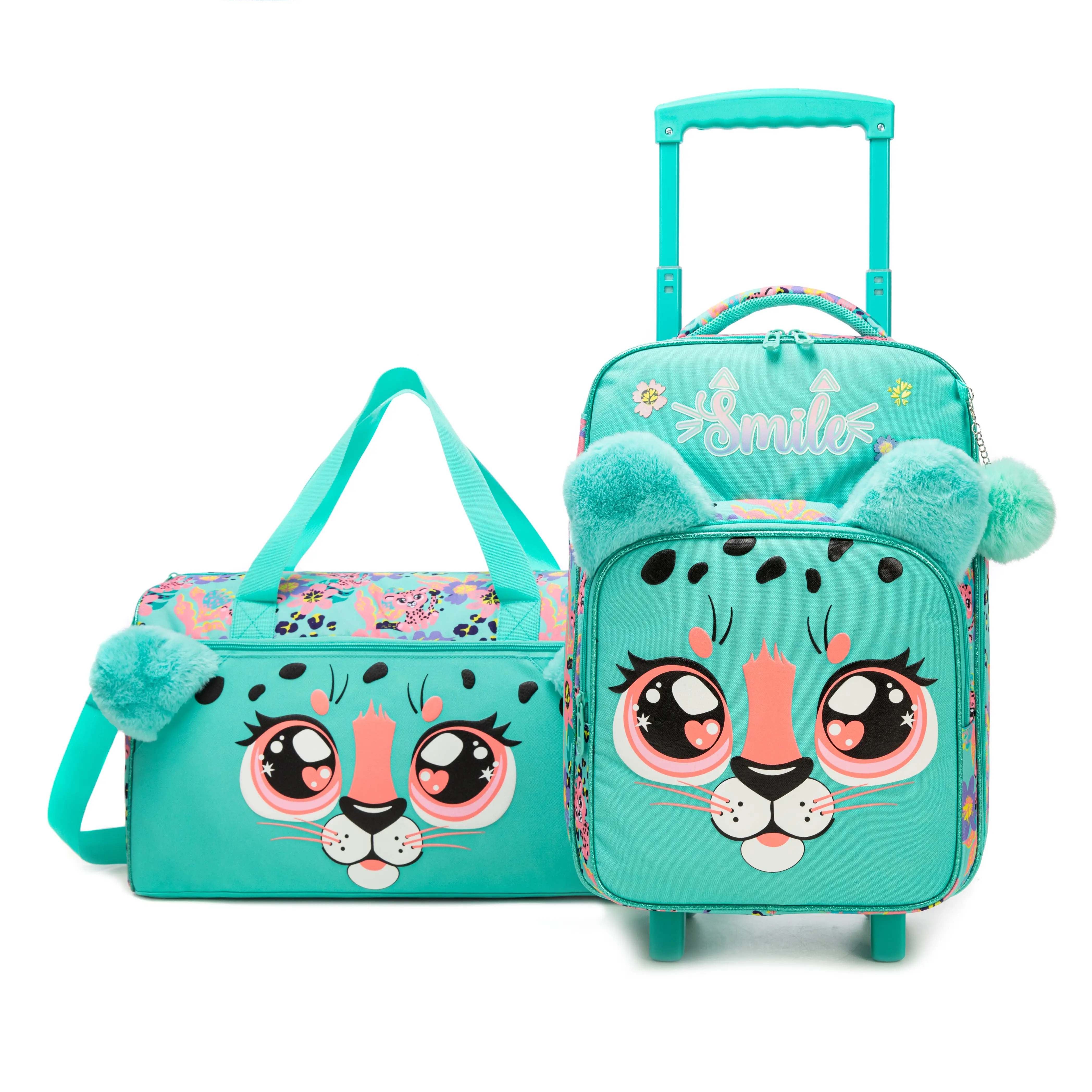 Kids Softside Rolling Luggage Set with Duffle Bag, Cute Mint Green Leopard Carry On Suitcase with Plush Ears & Rolling Wheels for Toddler Girls, 2026 Travel Gear