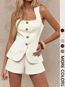 2Pcs Women Summer Elegant Two-Piece Outfit, Square Neck Sleeveless Gold Button Tailored Vest & High Waist Shorts, Casual Commuter Office Co-Ord Set for Work Vacation