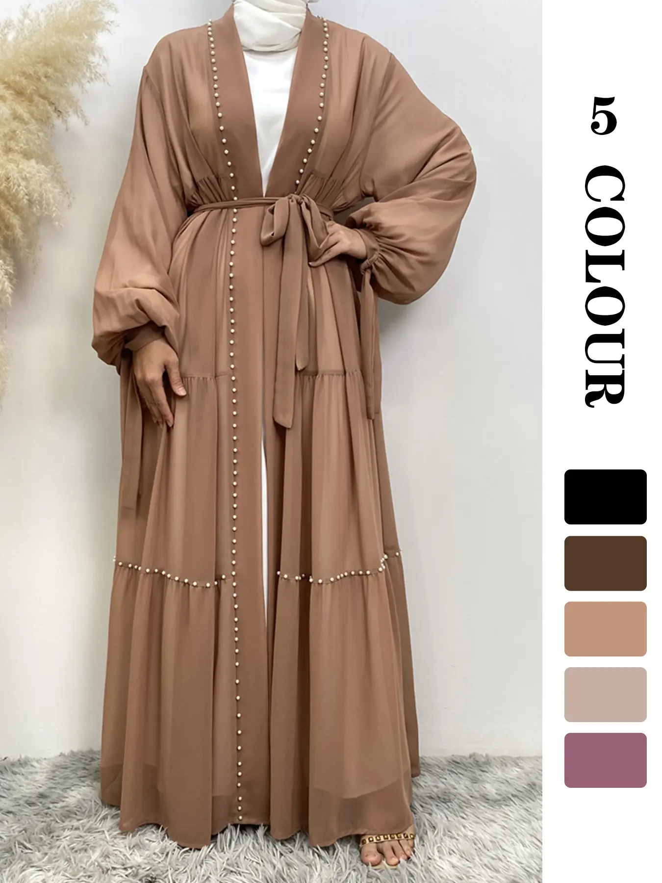 Fashion Chiffon Beaded Flowy Cardigan, Long Loose-Fit Kaftan, Modest Style, Spring & Fall Casual Wear, Belted Design, Plain Surface