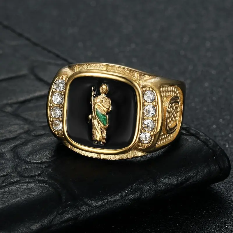 New European and American cross-border hip-hop ring, stainless steel gold-plated with rhinestones, St. Jude men's ring, Rhinestone Decor Ring, Fashion Rings