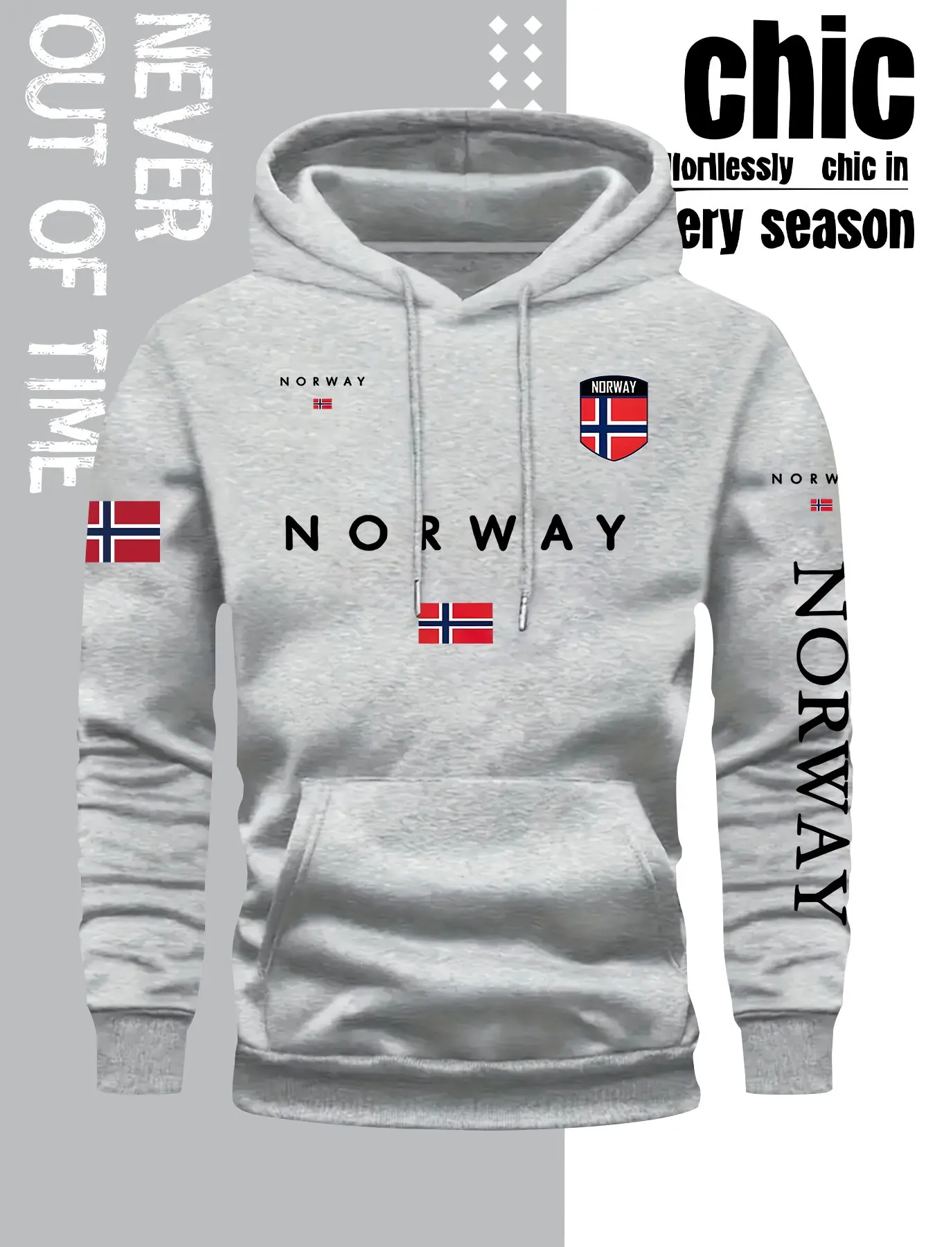 Men's Norway Flag Print Casual Fitted Hoodie, Long Sleeve Pullover, Front Pocket, Fall & Winter Streetwear, Comfortable Casual Fashion