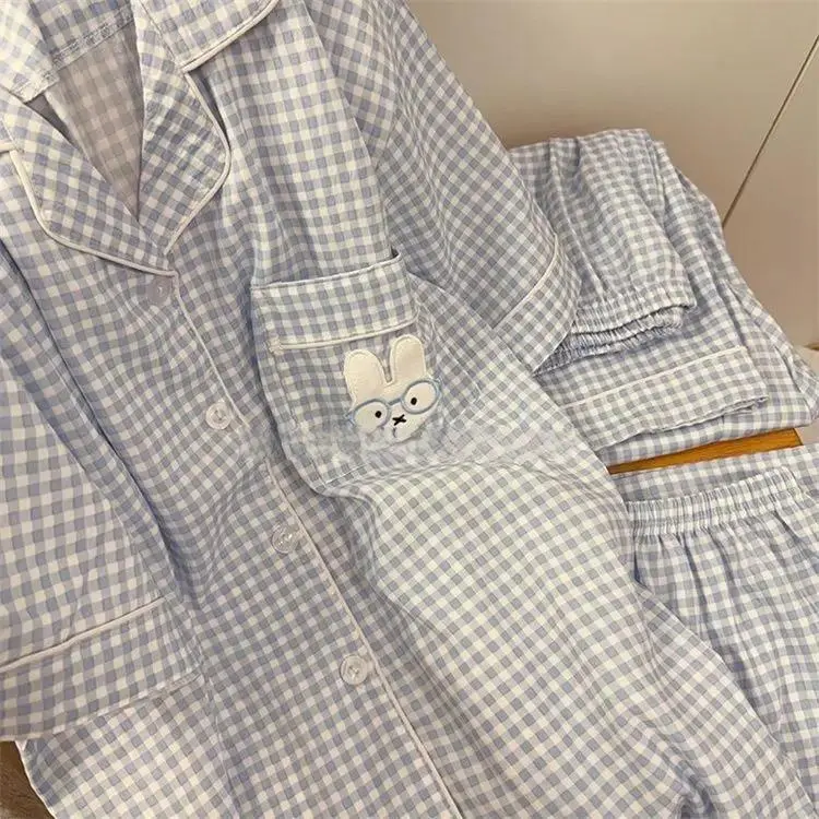 Cute Miffy Pajamas Women's Model Summer Short Sleeves Trousers Three Piece Set Summer Thin Grid Yunduo Cotton Lounge Clothes New