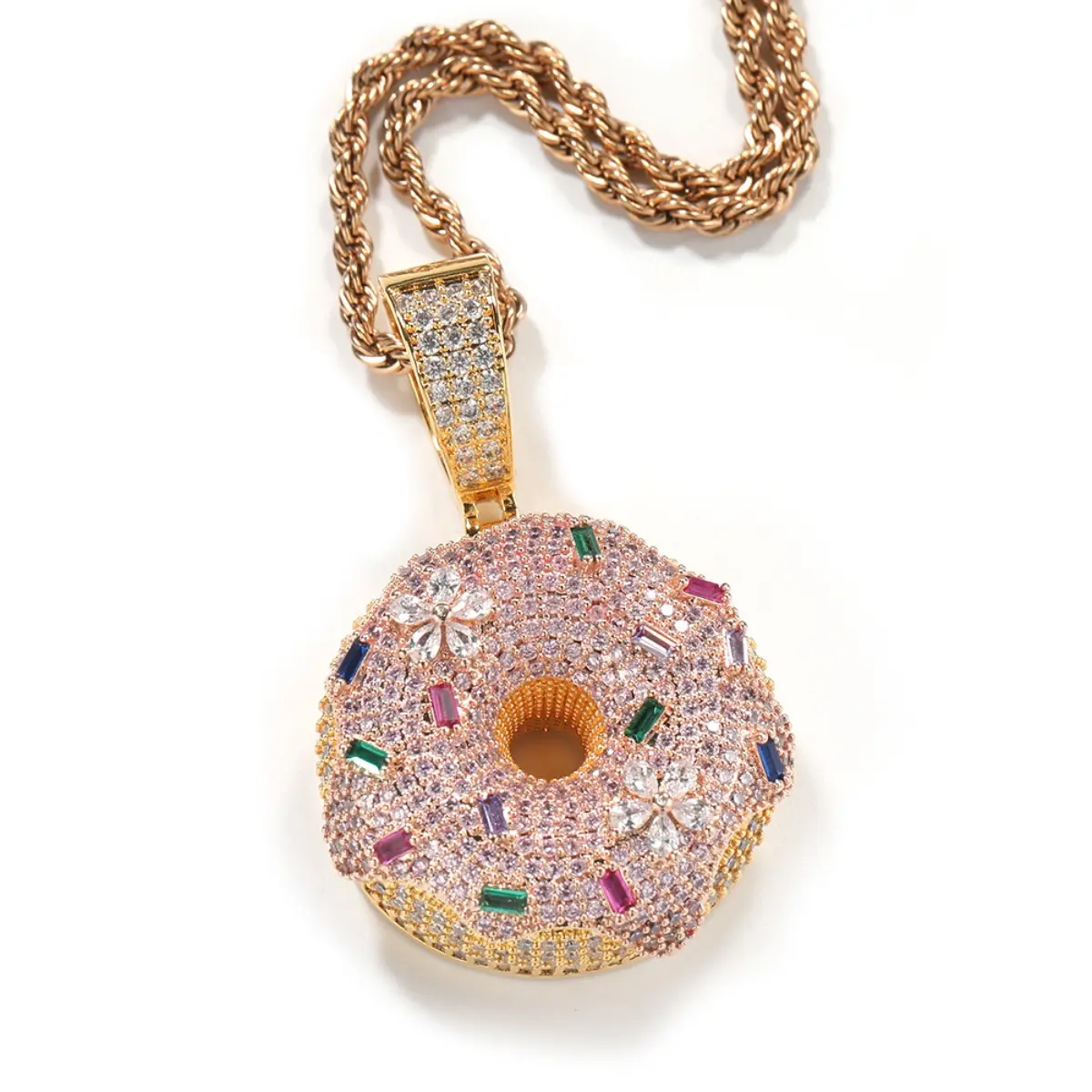 Hip Hop Donut Shape Pendant Necklace, Colorful Iced Out Stainless Steel Jewelry for Casual Wear
