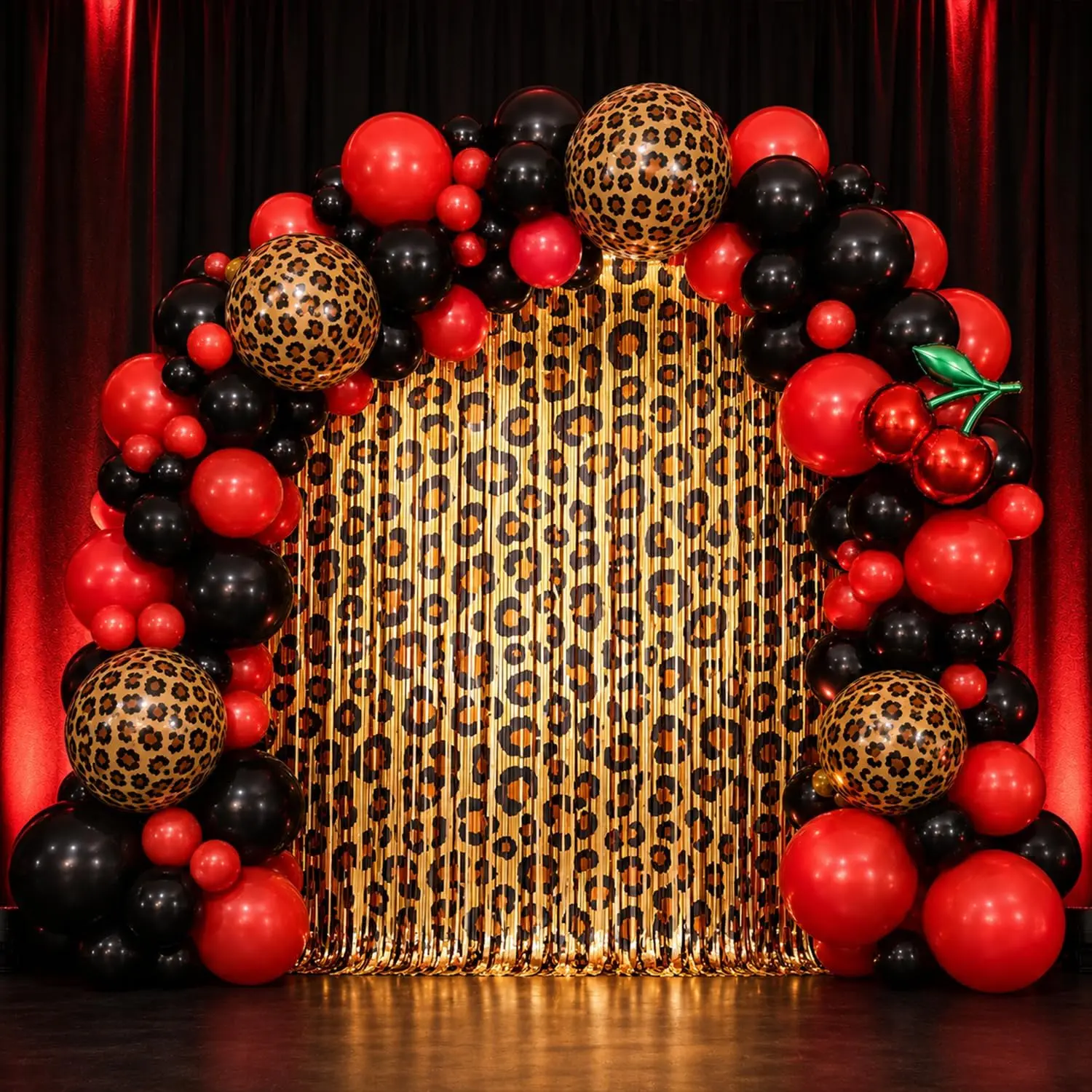 Cheetah Print Balloon Arch Kit Birthday Decorations, 124Pcs| Black Red Cherry Leopard Balloons Garland with Fringe Backdrop for Girls Women Cheetah Cherry Party Supplies