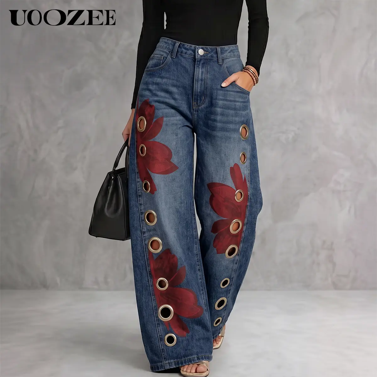 UOOZEE Women's All Season Non-Stretch High Waist Wide Leg Polyester Fabric Denim Jeans - Red Floral Print, Metal Eyelet Hollow, Washed, Real Pockets, Size Down 1 For Fitted Slim Fit, Street Style Casual Bottoms, Loose, Jean Pants, Cotton Blend, Metal Grom