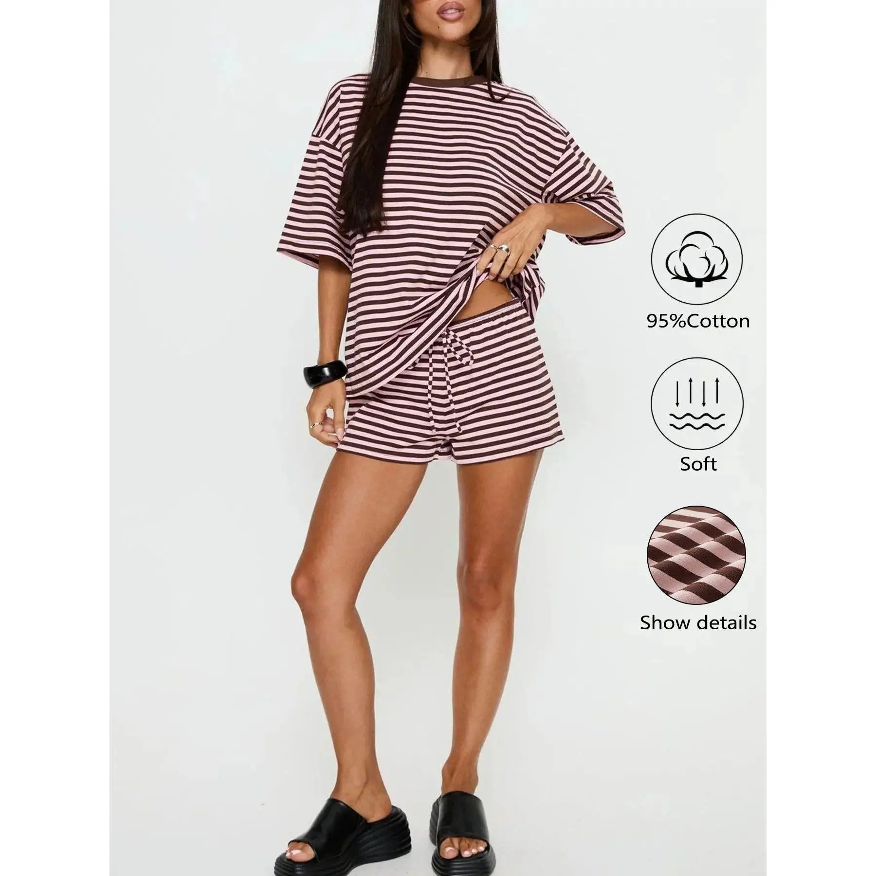 New Summer Women's 2-Piece Cotton Breathable Striped Short Sleeve T-Shirt & Shorts Set, Loose-Fitting Casual Fashion Daily Wear Bottoms