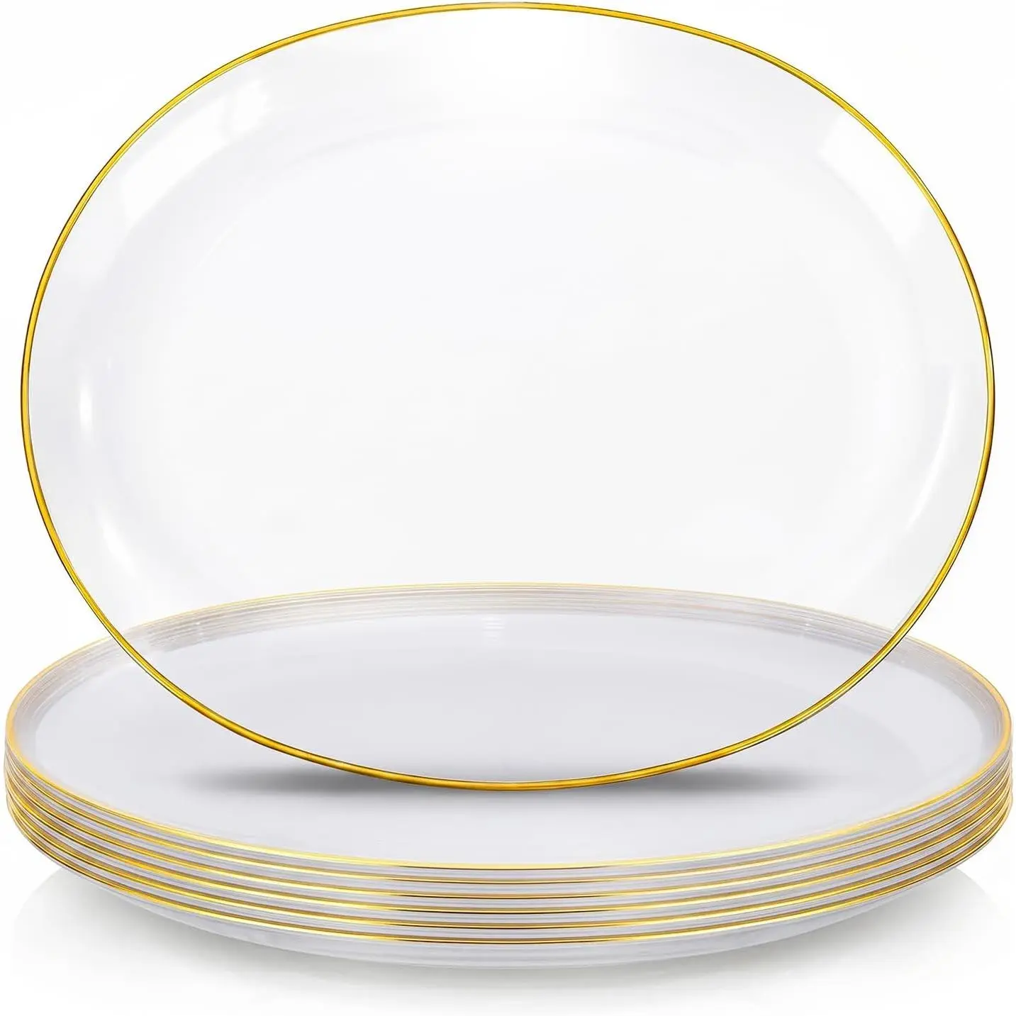 WDF 6-Pack Clear and Gold Plastic Serving Trays - 10x12 Inch Heavy Duty Oval Disposable Serving Platters for Cookie/Appetizer/Snack Party Food Display - Clear Gold Serving Trays for Party/Wedding/BBQ