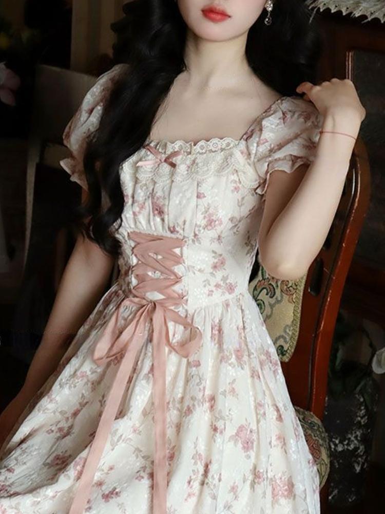 Summer Korean Fashion Lace Fairy Dress Women Square Collar Princess Kawaii Floral Print Dress Female Bandage Sweet Dress 2026 Summer Korean Fashion Lace Fairy Dress Women Square Collar Princess Kawaii Floral Print Dress Female Bandage Sweet Dress 2026