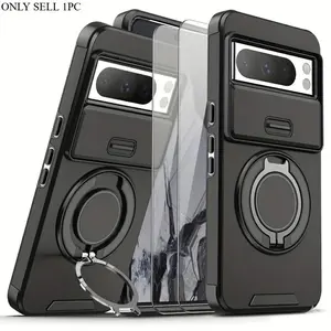 3 PCS 1 Phone Case with 2X Clear Screen Protectors, Durable Protector, Suitable for Google Pixel 10 9Pro XL 9A 8Pro 8A 7 Pro 7 Series, Shockproof 360° Rotating Metal Stand Phone Case with Sliding Lens Cap Camera Lens Protector