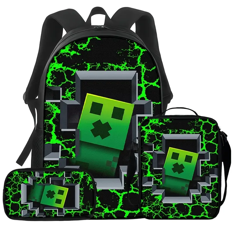 3Pcs Pixel Monster Gaming Backpack Set for Kids, Pixel Pattern School Backpack with Insulated Lunch Bag & Pencil Case, Back to School Casual Travel Bag