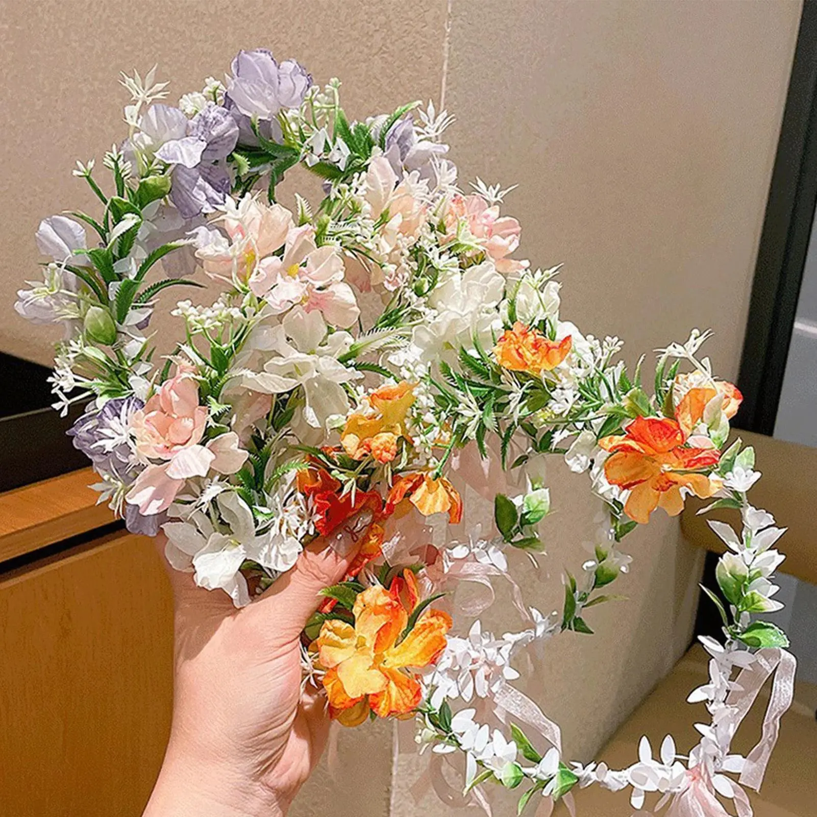 Lightweight Floral Wreath Summer Flower Crown for Women, Wedding & Beach Travel Hair Accessory, Fairy Ribbon Headband Tiara
