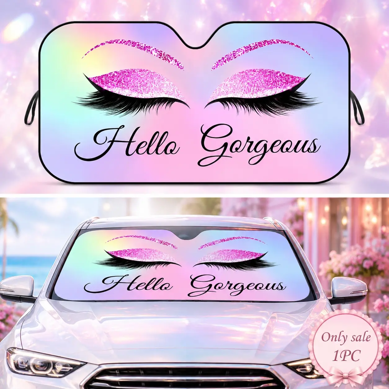 Pink Glitter Lids Long Lashes Pattern Eyelash Car Windshield Sun Shade, Front Windshield Sunshade, Foldable Reflective UV Blocking Heat Insulation Cover, Keeps Interior Cool, Protects Dashboard, Universal Fit for Cars SUVs, Summer Auto Accessory