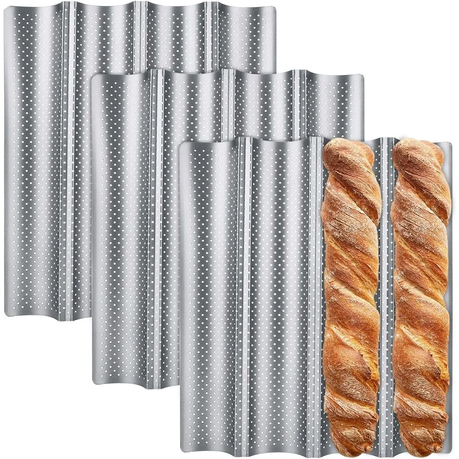 ABuff 3 Pack Nonstick French Baguette Bread Pan 15" x 13" for French Bread Baking Heat Resistant Perforated 4 Loaves Loaf Bake Mold Baguette Tray for Professional & Home Baker Baking Supplies