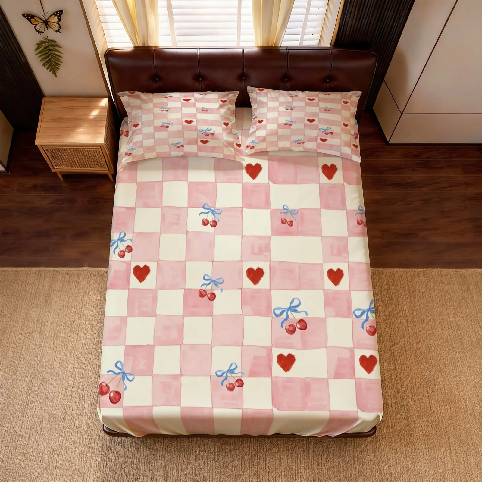 Plaid Cherry Heart Fitted Sheet Set, 3 Pieces (1 Fitted Sheet + 2 Pillowcases, No Pillow Inserts Included), Sweet Coquette Style Deep Pocket Bedding, Soft Breathable Microfiber, for Girls’ / Teens’ Bedroom Decor