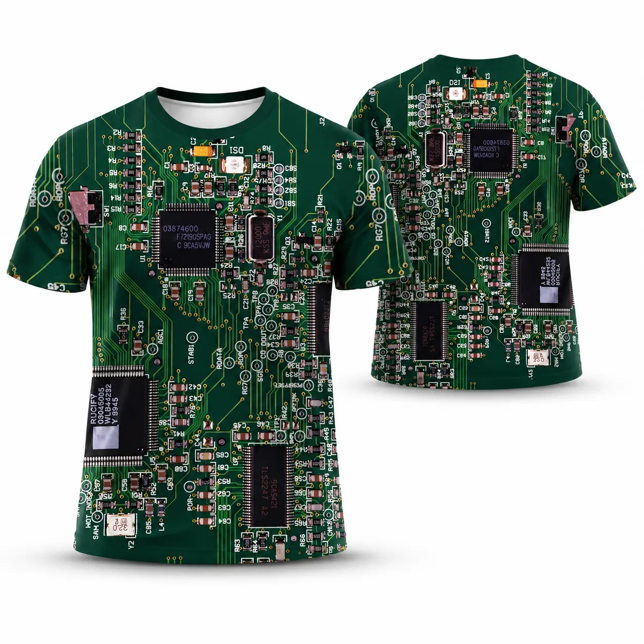 Men’s Short Sleeve Crew Neck Circuit Board Graphic T-Shirt - Green Motherboard Electronic Chip 3D All-Over Print Tech Geek Top, Ideal Gift for Programmers, Cyber Streetwear