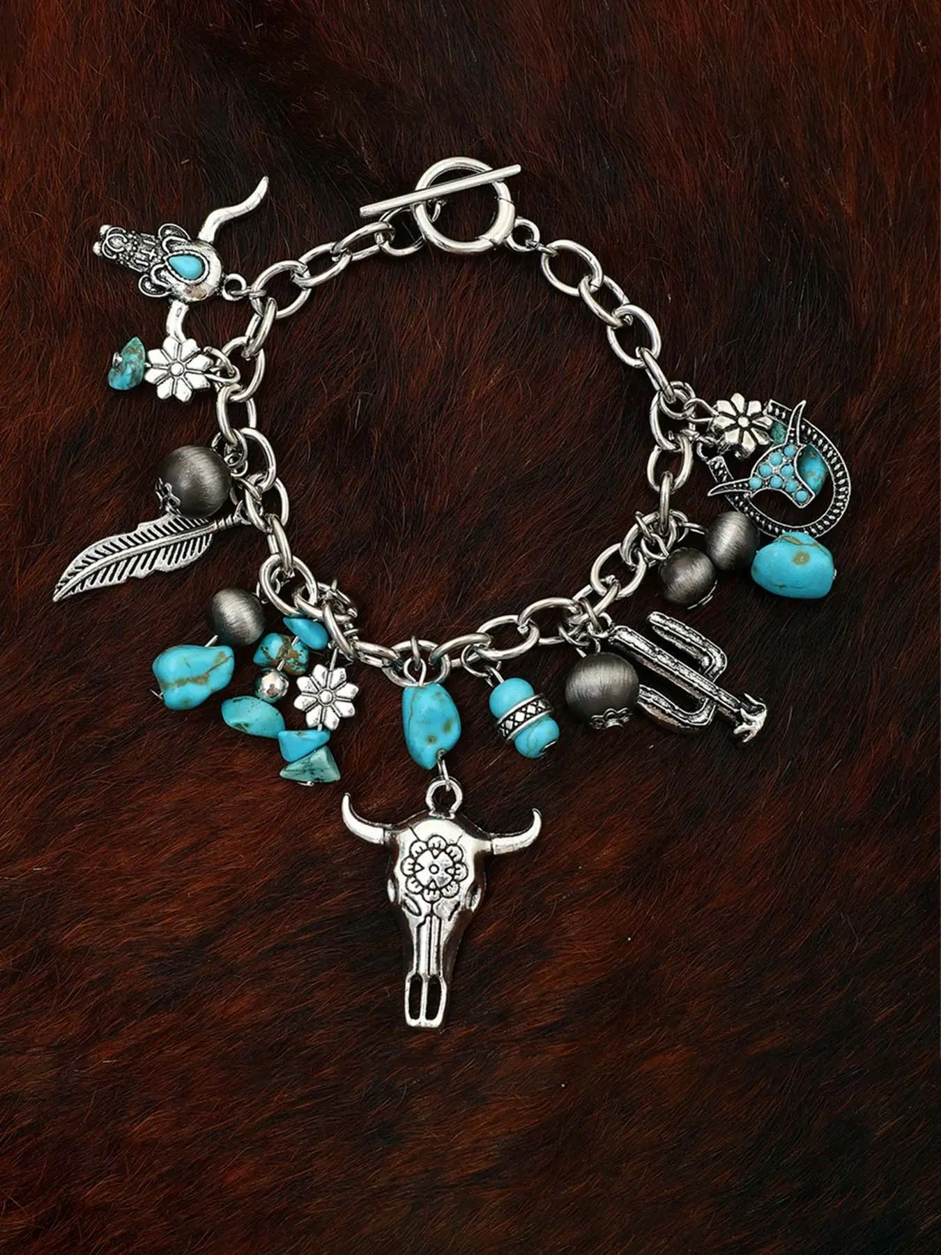Vintage Western Cowboy Charm Decor Bracelet, Turquoise Decor Bracelet for Women & Men, Trendy All-match & Exquisite Jewelry for Birthday Gift