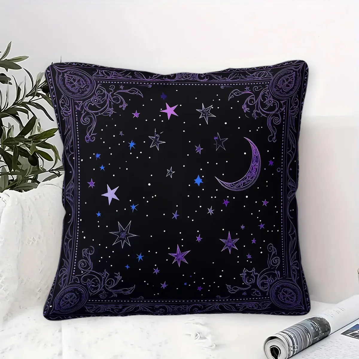 Enchanted Vintage Gothic Celestial Throw Pillow, Witchy Star Moon Print Cushion, Decorative Accent Pillow Includes Pillow Core, Dark Aesthetic Pillow for Bedroom Couch Dorm Living Room Office Gothic Home Decor, Cushions For Sofa