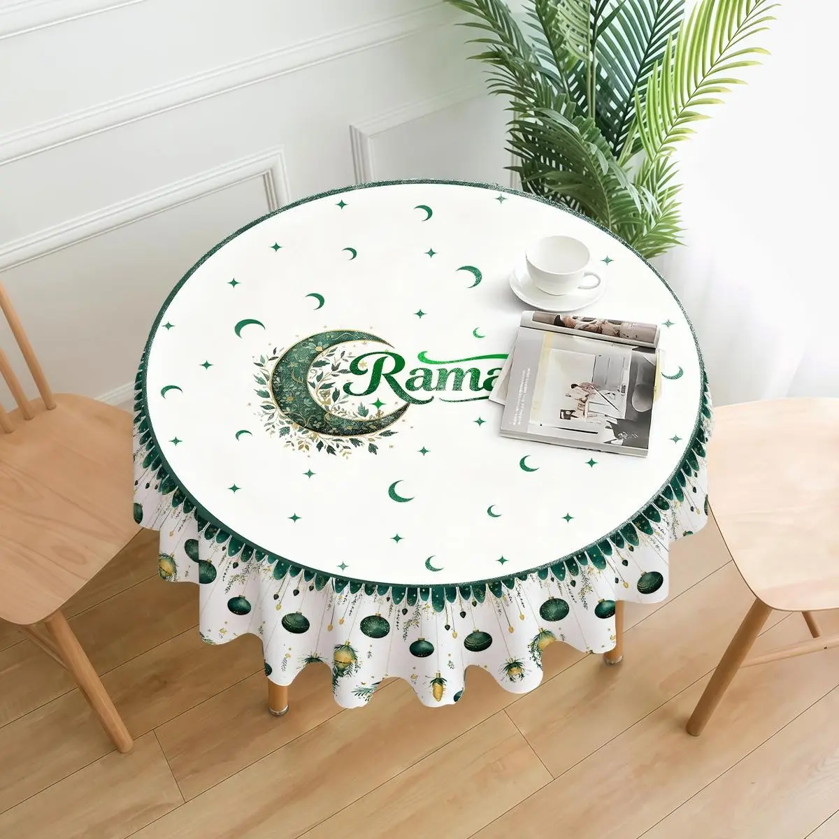 Elegant Base Crescent Star Print Round Tablecloth, Stain-Resistant, Ideal for Ramadan Iftar, Family Gatherings, Small Parties