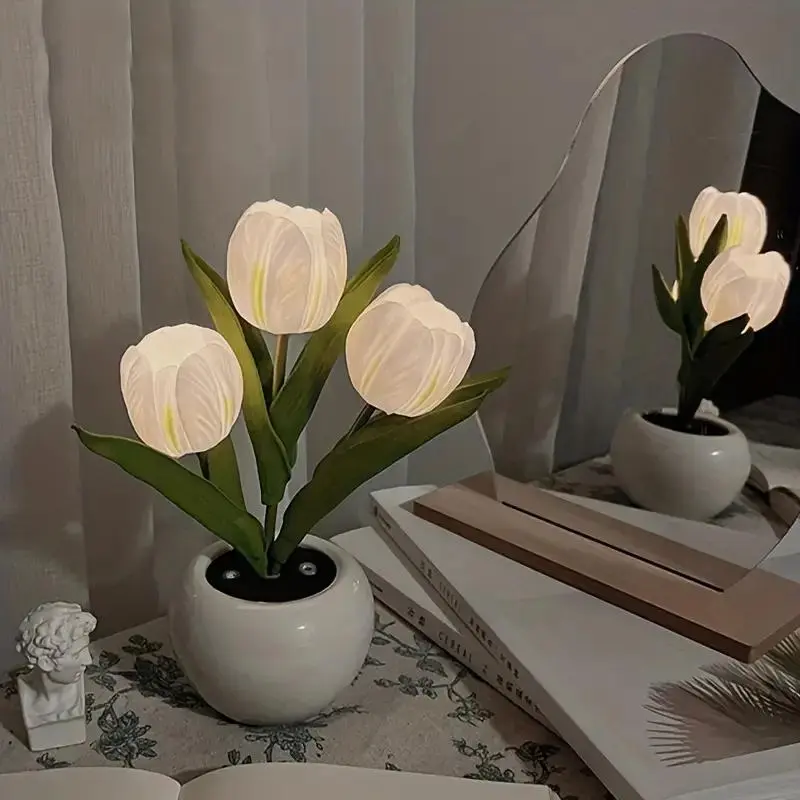 Tulip Bedroom Night Light LED Simulation, USB Powered, Vase Table Lamp Decor for Home Living Room Desktop Decoration Christmas Halloween Holiday Gift, Ambient Night Lights, Decorative Night Light