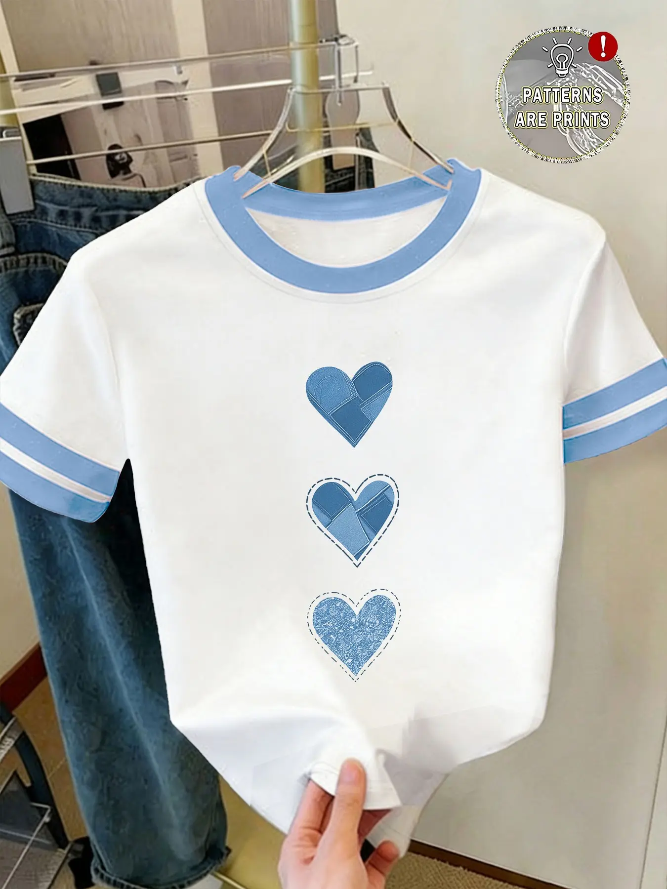 Spring Summer American Retro Colorblock Ringer Short Sleeve Women's T-Shirt, Denim Texture Heart Print, Loose Fit Casual Top