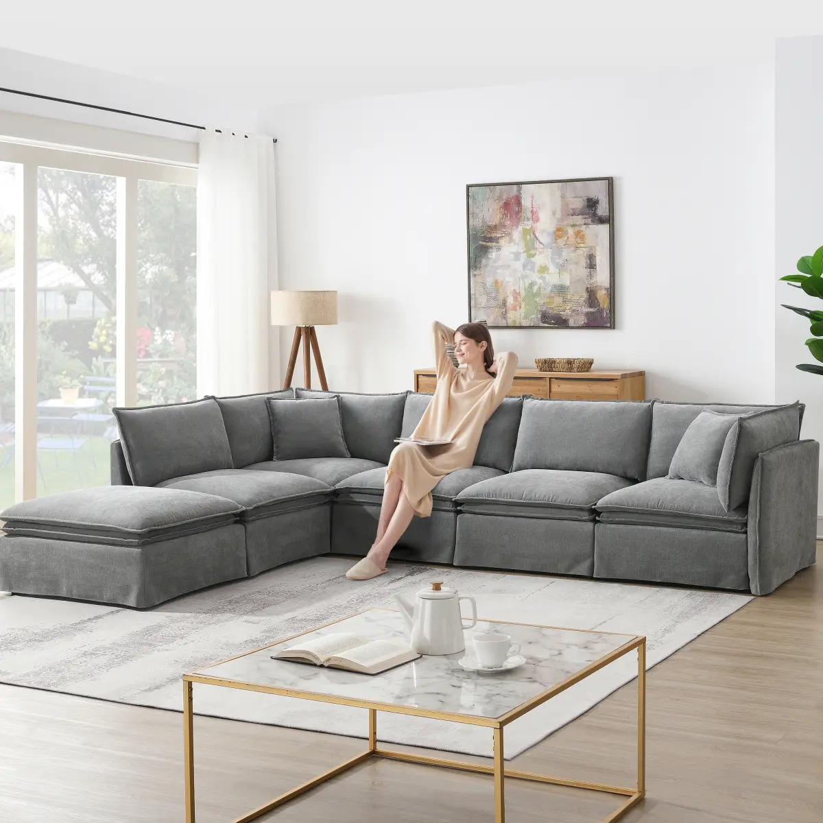 Aobtkel[VIDEO+NEW]125.5'' Modular Sectional Sofa with Movable Ottoman,6-seat L pholstered Indoor Furniture, Wide Seat ,Free Combination, Oversized Chenille Sofa for Living Room & Apartment,2 Colors   WL